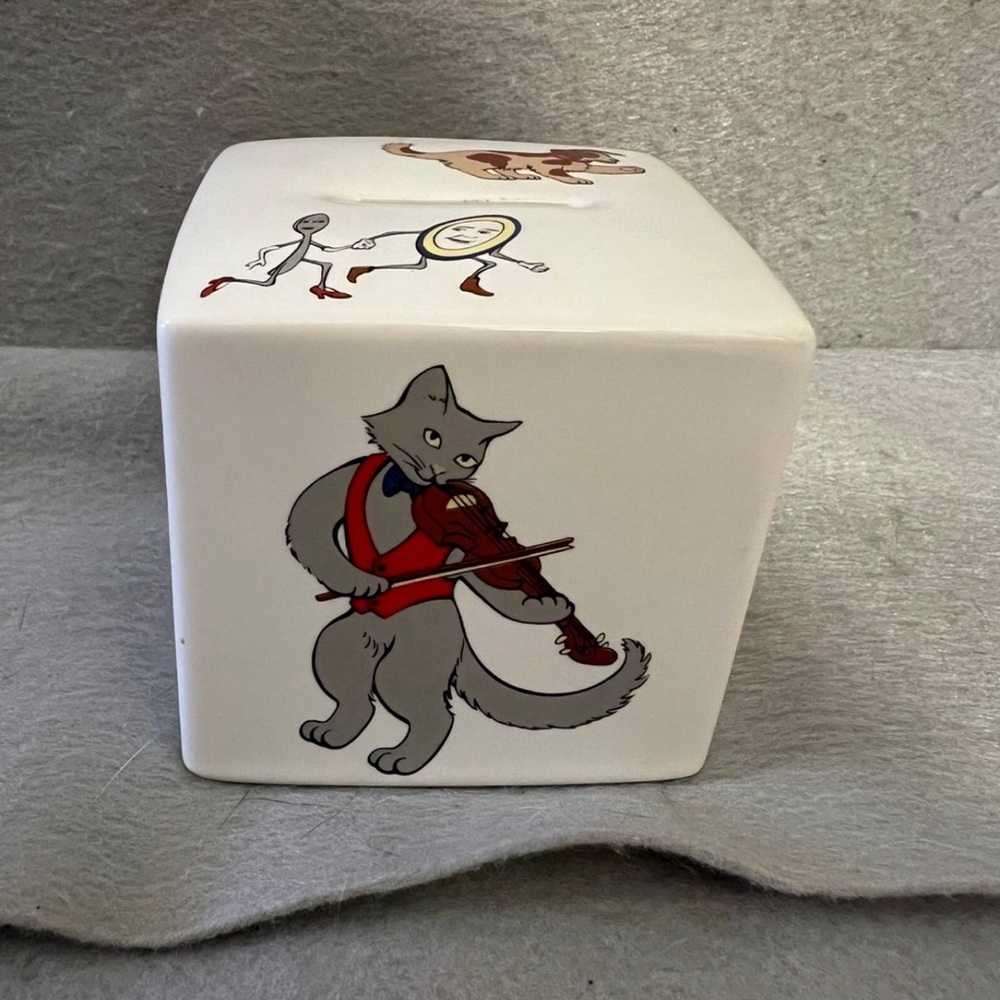 Tiffany & Co Hey Diddle Diddle 3” Cube Ceramic Baby Gift Piggy Bank
